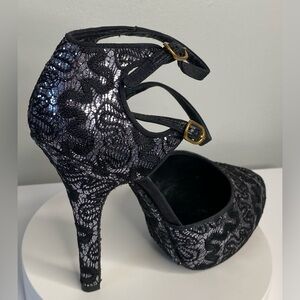 Dolce & Gabbana Black & Silver Lace Overlay Ankle-Strap High Heels Authebtic